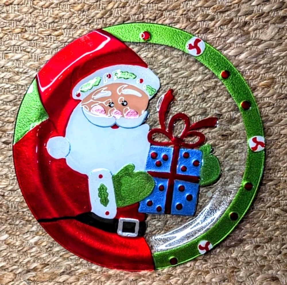 Lori Siebert Santa Christmas Plate Fusion Glass Serving Tray Present Decor 14.5"